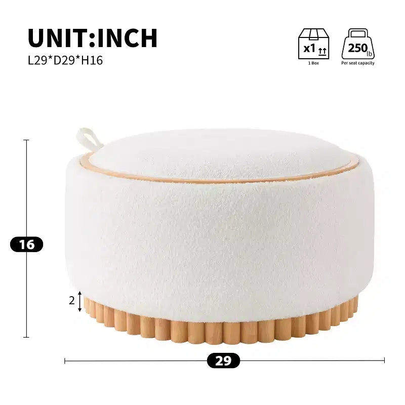 Pouf rotondo Polibi con base cilindrica in legno massello e coperchio reversibile