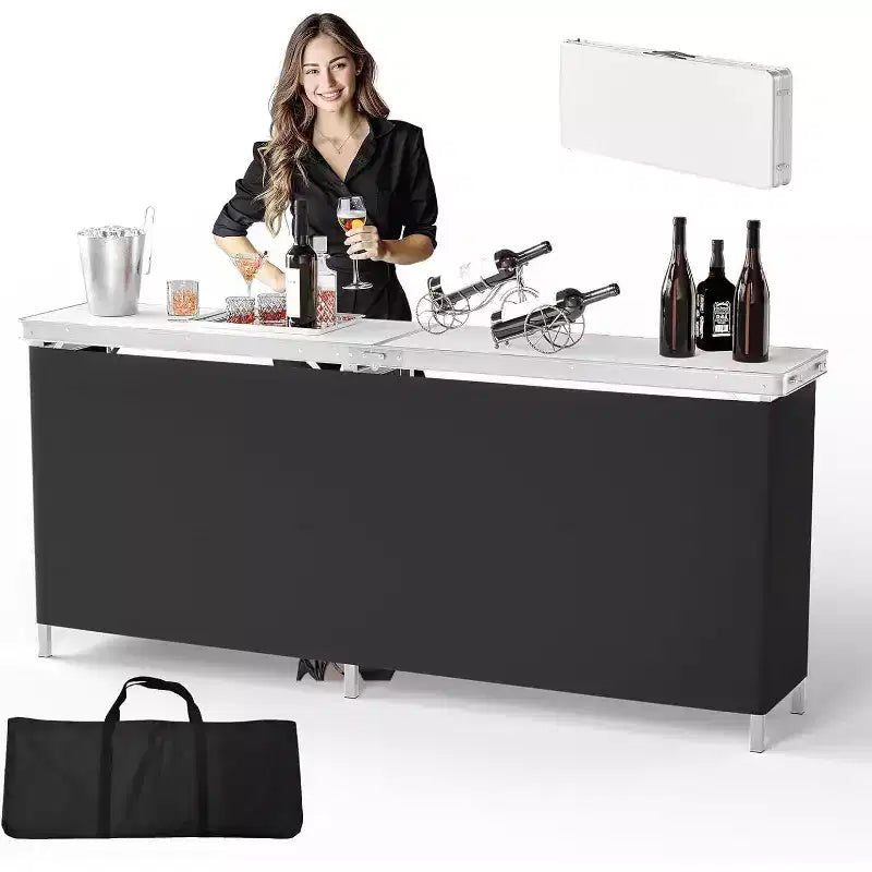 VINGLI Table de bar portable 78, 2 étagères, table de bar mobile pour événements, fêtes, camping, pique-niques, salons professionnels, intérieur avec jupe noire