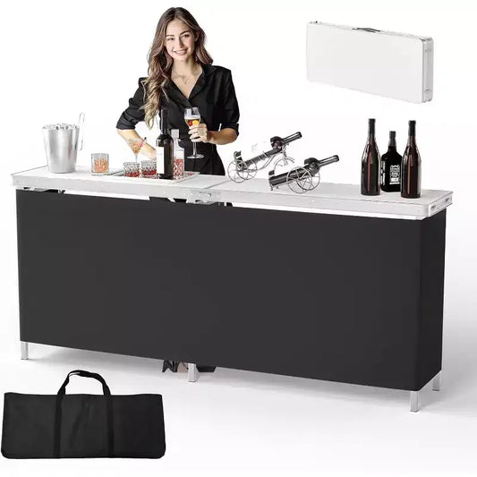 VINGLI Table de bar portable 78, 2 étagères, table de bar mobile pour événements, fêtes, camping, pique-niques, salons professionnels, intérieur avec jupe noire