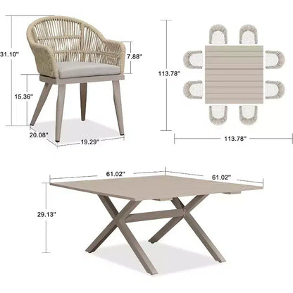 Set da pranzo da patio PURPLE LEAF con tavolo da pranzo da esterno in alluminio e sedie in rattan intrecciato, set di mobili moderni per giardino, cortile, arredamento da interni, colore champagne