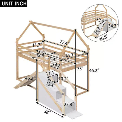 Lits superposés maison avec toboggan et escaliers de rangement, lit superposé double en bois avec toit et escaliers pour filles et garçons