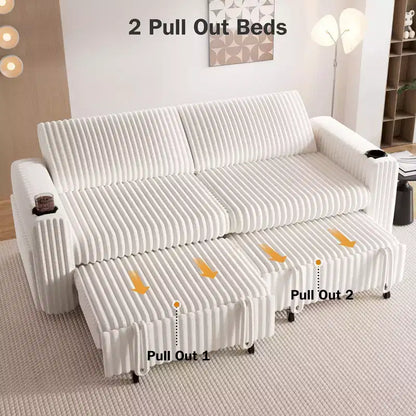 Divano Letto Sezionale Dyonery 91 con Letto Estraibile, Schienale Reclinabile/Due Letti Estraibili/Porte USB/Portabicchieri, Velluto a Coste Peluche