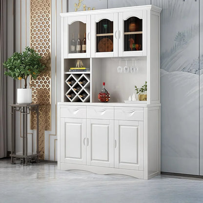 Buffet de cuisine en bois blanc avec casier à vin intégré