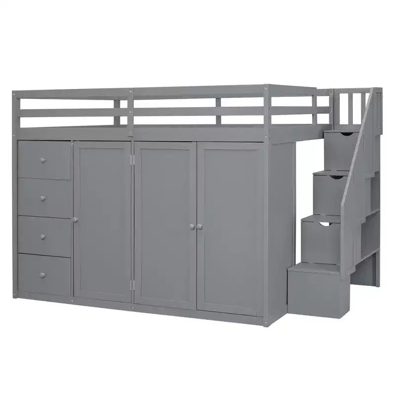 Letto a soppalco intero in pile orsetto con mensola portaoggetti e cassetti, letto a soppalco alto in legno con scrivania versatile per camera da letto