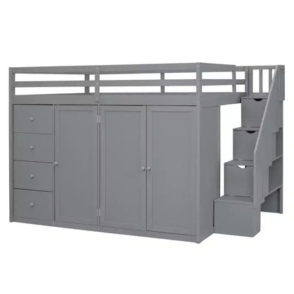 Letto a soppalco intero in pile orsetto con mensola portaoggetti e cassetti, letto a soppalco alto in legno con scrivania versatile per camera da letto