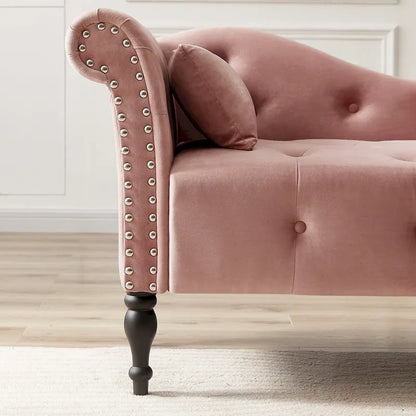 Moderna poltrona a sdraio imbottita in velluto da 60,6" con bottoni capitonné, gambe in legno massello e borchie