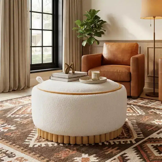 Pouf rotondo Polibi con base cilindrica in legno massello e coperchio reversibile