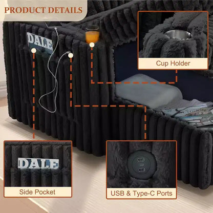 MooxvMoo Divano letto a U 124" con contenitore, divano convertibile di grandi dimensioni con letto estraibile, schienale regolabile, porte USB e portabicchieri, nero