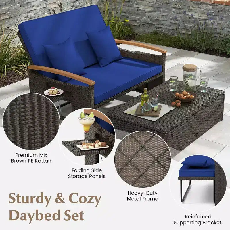 Set divano letto in rattan per esterni Costway con divanetto imbottito e poggiapiedi contenitore per veranda Beige/Blu marino/Rosso/Turchese/Nero/Grigio