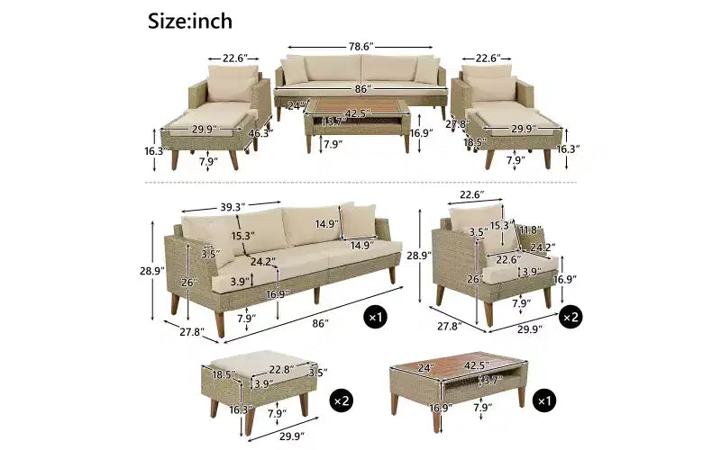 Whisen Set Divani 6 Pezzi in Vimini PE Resistente alle Intemperie, Divano da Esterno in Rattan con Doppi Cuscini