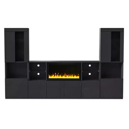 Meuble TV moderne avec lumières LED pour téléviseur de 75 pouces, table console multimédia avec étagères en verre trempé et foyer non chauffant