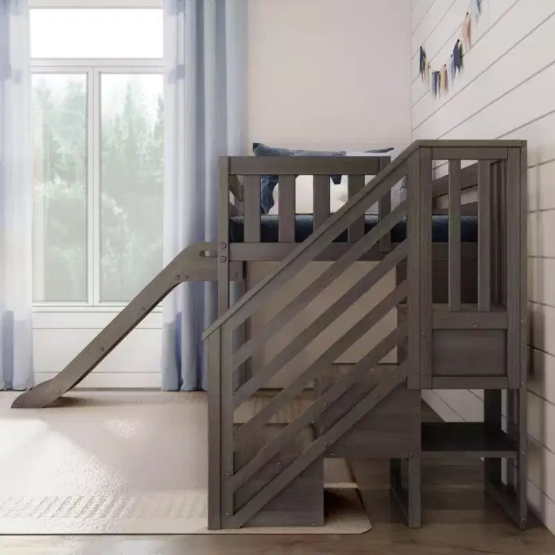Lit mezzanine bas pour enfant, format jumeau, avec toboggan et escalier, plateforme de lit enfant en bois massif