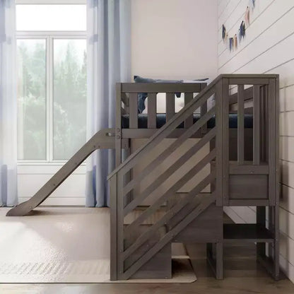 Lit mezzanine bas pour enfant, format jumeau, avec toboggan et escalier, plateforme de lit enfant en bois massif