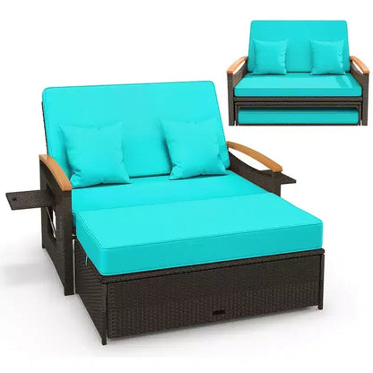 Set divano letto in rattan per esterni Costway con divanetto imbottito e poggiapiedi contenitore per veranda Beige/Blu marino/Rosso/Turchese/Nero/Grigio
