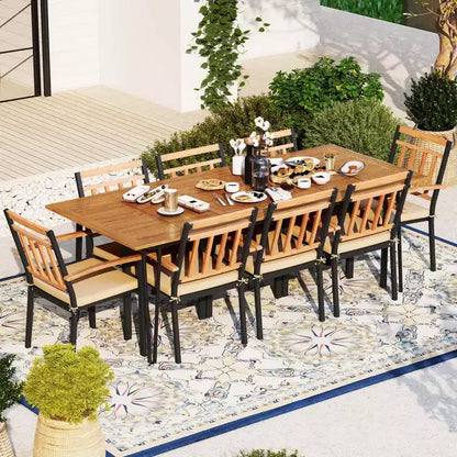 Set da pranzo da patio Costway 9 pezzi con 8 sedie, tavolo in legno di acacia, foro per ombrellone, per giardino