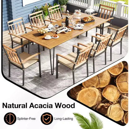 Set da pranzo da patio Costway 9 pezzi con 8 sedie, tavolo in legno di acacia, foro per ombrellone, per giardino