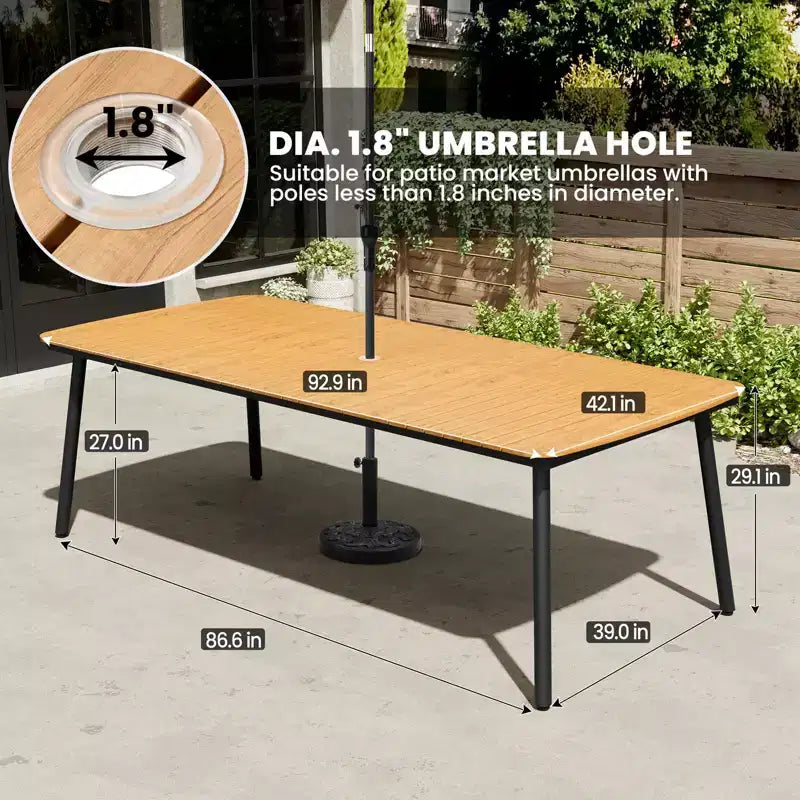 Crestlive Products - Set da pranzo per esterni 7 pezzi per 6 persone, tavolo rettangolare da patio con telaio in alluminio e piano effetto legno, con foro per ombrellone