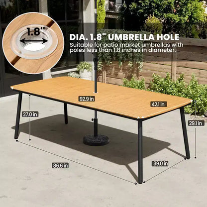 Crestlive Products - Set da pranzo per esterni 7 pezzi per 6 persone, tavolo rettangolare da patio con telaio in alluminio e piano effetto legno, con foro per ombrellone