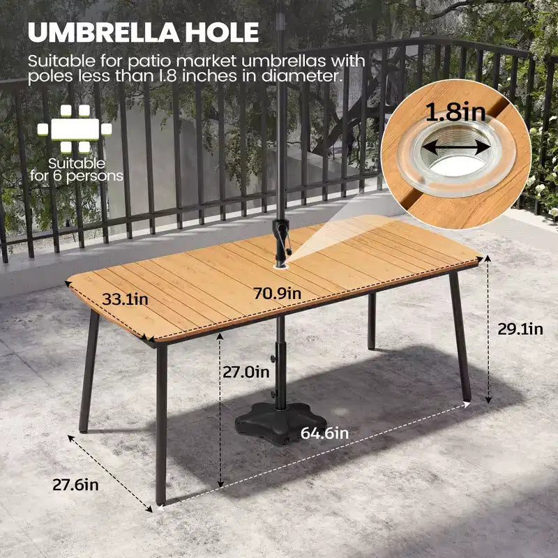 Crestlive Products - Set da pranzo per esterni 7 pezzi per 6 persone, tavolo rettangolare da patio con telaio in alluminio e piano effetto legno, con foro per ombrellone