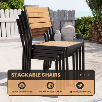 Crestlive Products - Set da pranzo per esterni 7 pezzi per 6 persone, tavolo rettangolare da patio con telaio in alluminio e piano effetto legno, con foro per ombrellone