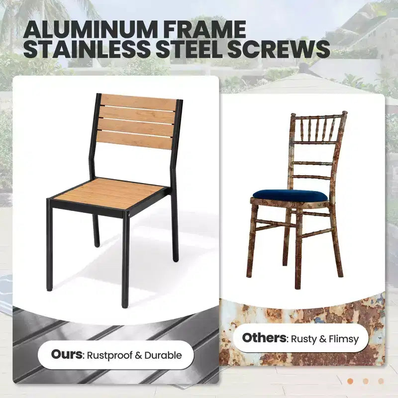 Crestlive Products - Set da pranzo per esterni 7 pezzi per 6 persone, tavolo rettangolare da patio con telaio in alluminio e piano effetto legno, con foro per ombrellone