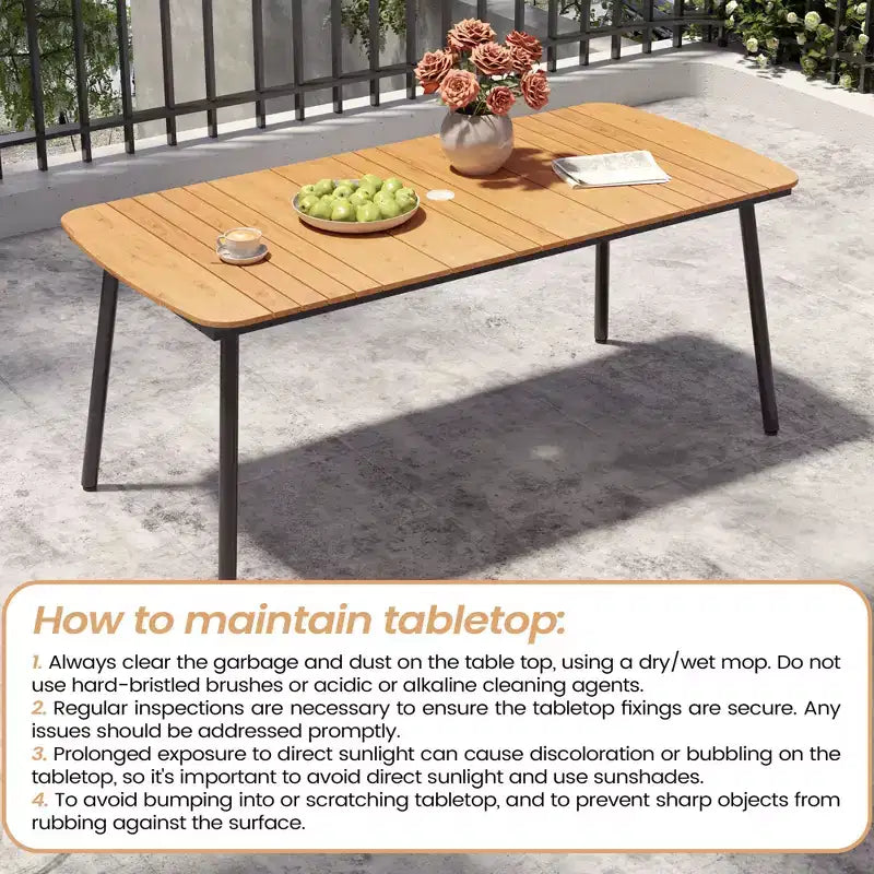 Crestlive Products - Set da pranzo per esterni 7 pezzi per 6 persone, tavolo rettangolare da patio con telaio in alluminio e piano effetto legno, con foro per ombrellone