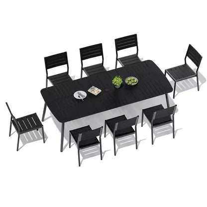 Crestlive Products 7pc Outdoor Dining set for 6 People Patio Rectangle Table Aluminum Frame with Wood-Like Tabletop and Umbrella Hole