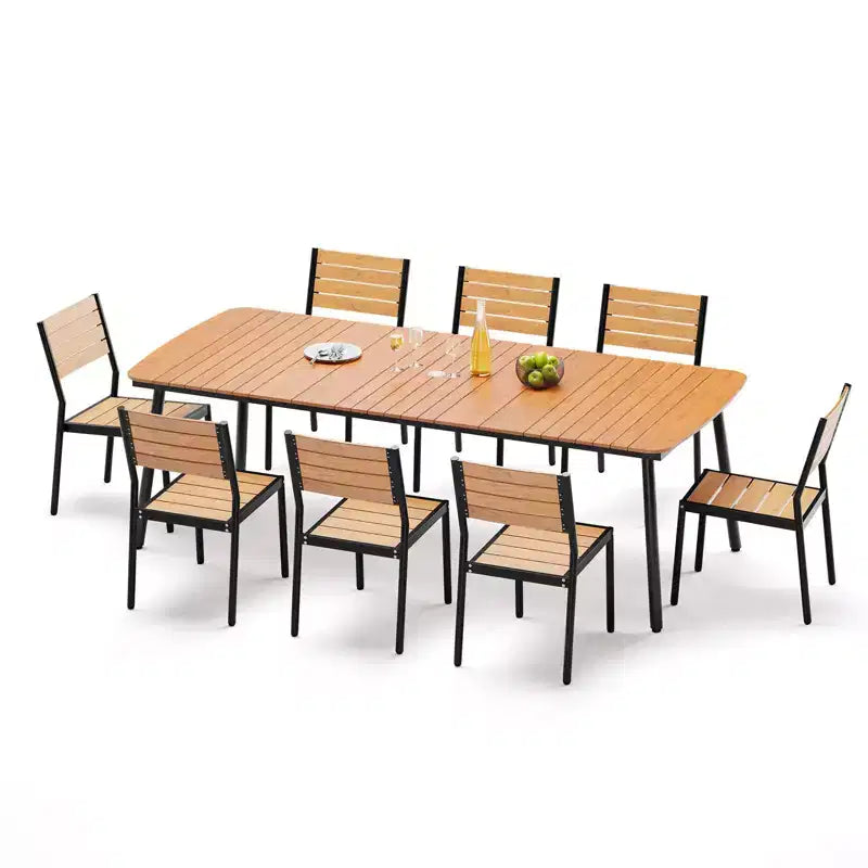 Crestlive Products - Set da pranzo per esterni 7 pezzi per 6 persone, tavolo rettangolare da patio con telaio in alluminio e piano effetto legno, con foro per ombrellone