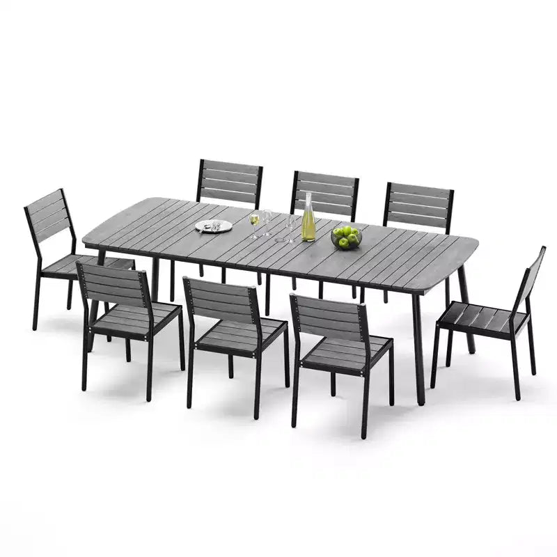Crestlive Products - Set da pranzo per esterni 7 pezzi per 6 persone, tavolo rettangolare da patio con telaio in alluminio e piano effetto legno, con foro per ombrellone