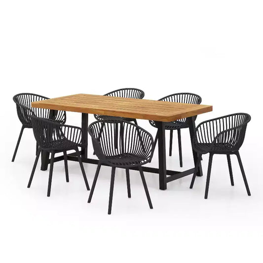 Christopher Knight Home Marley 7 Pieces Patio Modern Acacia Wood and Polypropylene Dining Set, Teak/Black