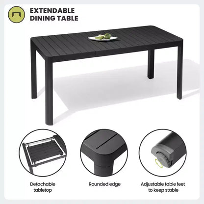 Crestlive Products Set da pranzo da esterno in alluminio per 6 persone, tavolo da pranzo rettangolare allungabile con sedie, impermeabile, antiruggine, adatto a tutte le condizioni atmosferiche