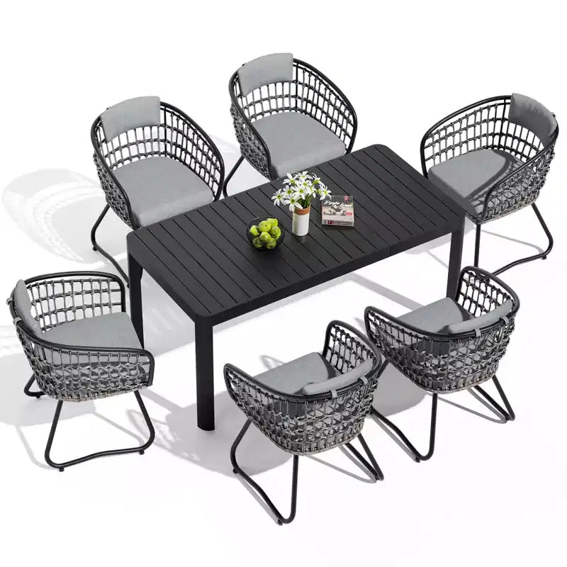 Crestlive Products Set da pranzo da esterno in alluminio per 6 persone, tavolo da pranzo rettangolare allungabile con sedie, impermeabile, antiruggine, adatto a tutte le condizioni atmosferiche