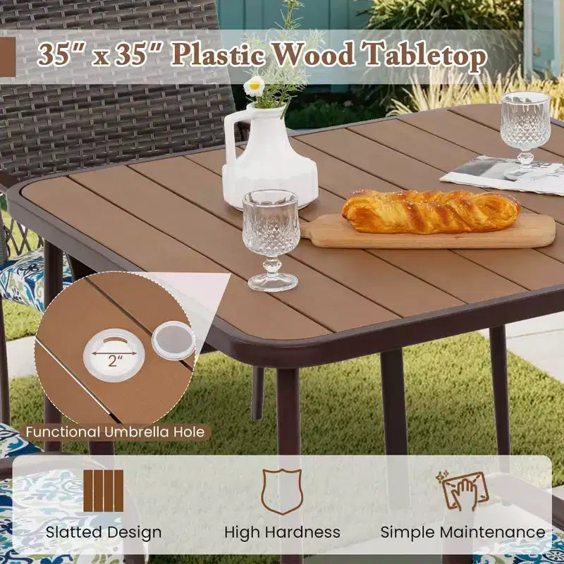 Costway Ensemble de salle à manger d'extérieur 5 pièces avec plateau de table en bois-plastique et trou pour parasol pour jardin