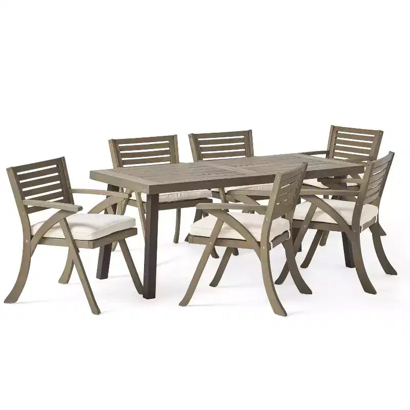Set da pranzo da esterno Christopher Knight Home Spanish Bay a 7 pezzi in legno di acacia e metallo rustico con cuscini