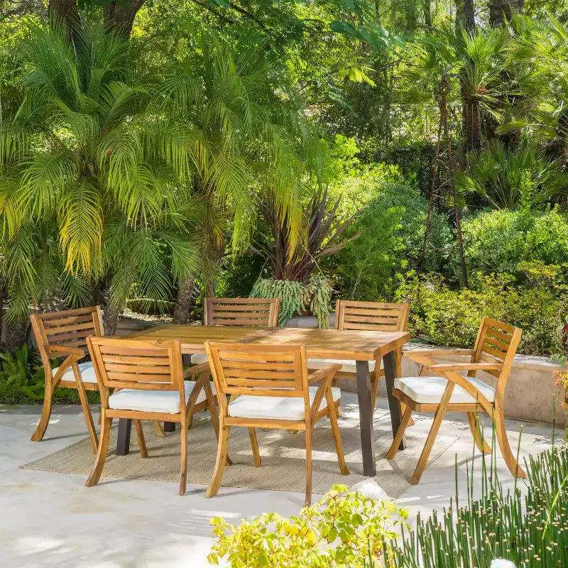 Set da pranzo da esterno Christopher Knight Home Spanish Bay a 7 pezzi in legno di acacia e metallo rustico con cuscini