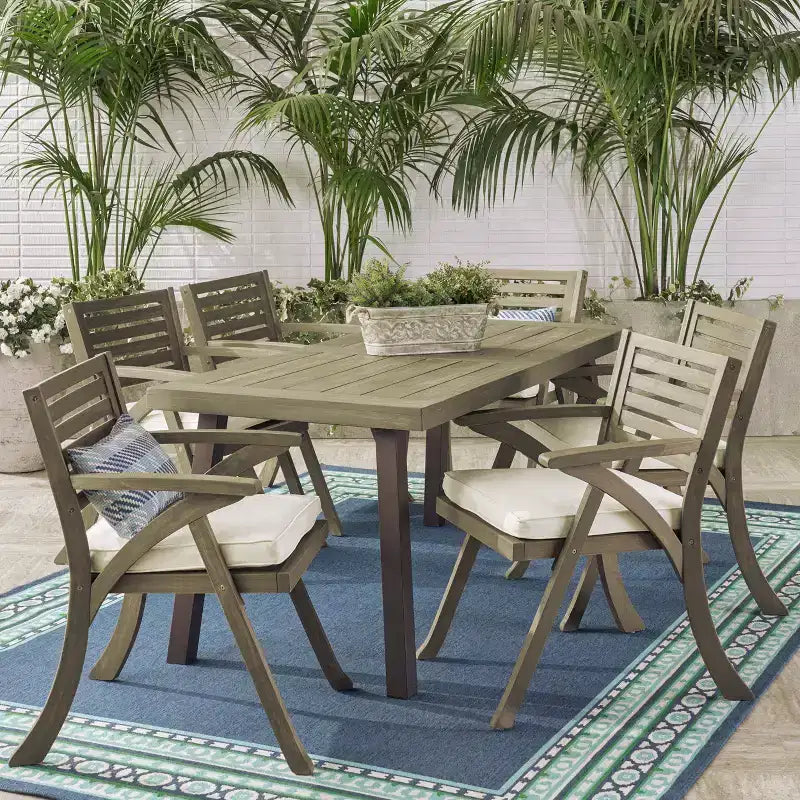 Set da pranzo da esterno Christopher Knight Home Spanish Bay a 7 pezzi in legno di acacia e metallo rustico con cuscini