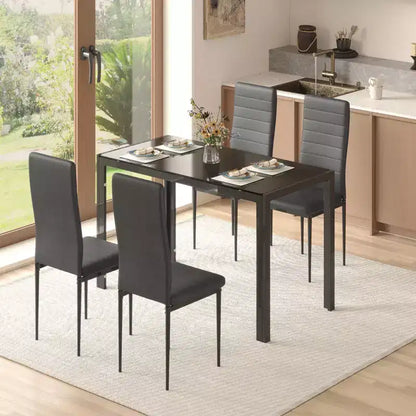 EROMMY Ebern Designs 5-Piece Glass Top Dining Table Set, Kitchen Table And 4 Luxury Faux Leather Chairs, Black