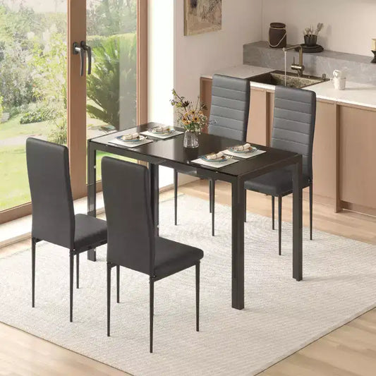 EROMMY Ebern Designs 5-Piece Glass Top Dining Table Set, Kitchen Table And 4 Luxury Faux Leather Chairs, Black