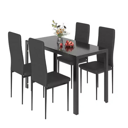 EROMMY Ebern Designs Ensemble de salle à manger 5 pièces avec plateau en verre, table de cuisine et 4 chaises de luxe en similicuir, noir