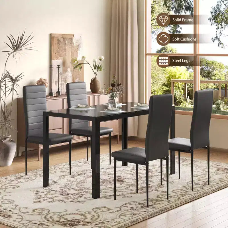 EROMMY Ebern Designs Ensemble de salle à manger 5 pièces avec plateau en verre, table de cuisine et 4 chaises de luxe en similicuir, noir