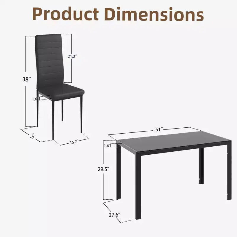 EROMMY Ebern Designs Ensemble de salle à manger 5 pièces avec plateau en verre, table de cuisine et 4 chaises de luxe en similicuir, noir