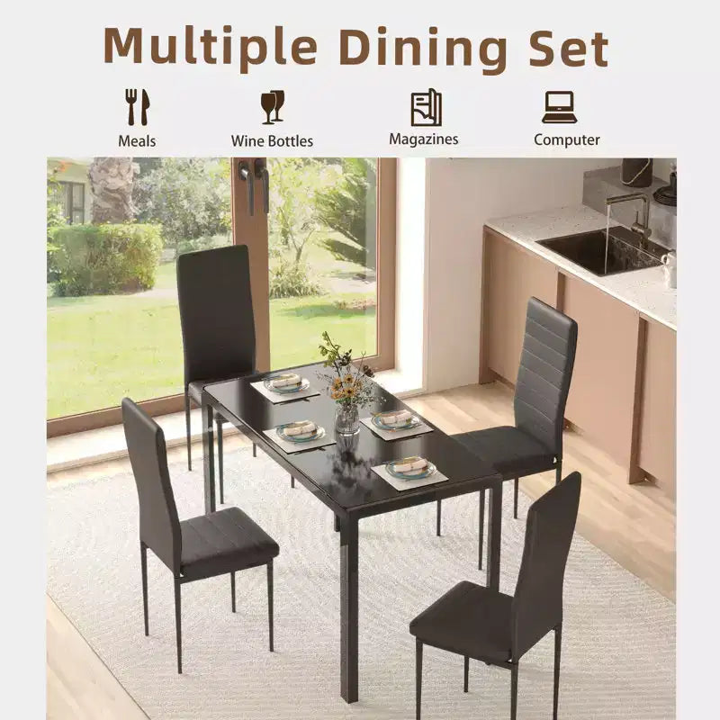 EROMMY Ebern Designs Ensemble de salle à manger 5 pièces avec plateau en verre, table de cuisine et 4 chaises de luxe en similicuir, noir