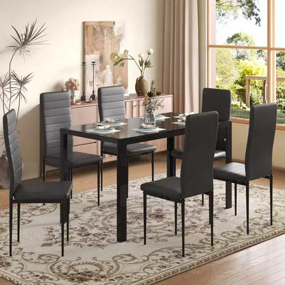 EROMMY Ebern Designs Ensemble de salle à manger 7 pièces avec table en verre, table de cuisine et 6 chaises de luxe en similicuir, noir
