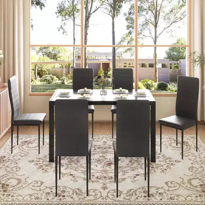 EROMMY Ebern Designs Ensemble de salle à manger 7 pièces avec table en verre, table de cuisine et 6 chaises de luxe en similicuir, noir