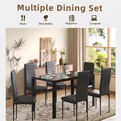 EROMMY Ebern Designs Ensemble de salle à manger 7 pièces avec table en verre, table de cuisine et 6 chaises de luxe en similicuir, noir