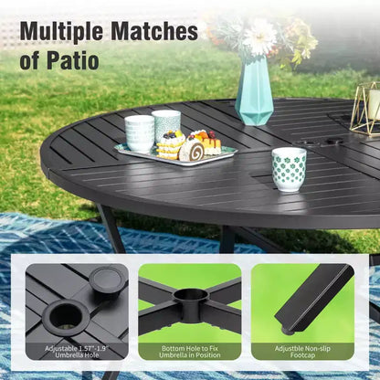 Captiva Designs Set da pranzo da esterno 5 pezzi con tavolo rotondo in acciaio con piano a doghe e sedie in rattan beige con cuscini spessi