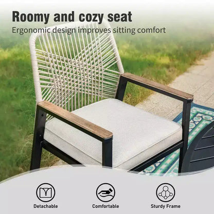 Captiva Designs Set da pranzo da esterno 5 pezzi con tavolo rotondo in acciaio con piano a doghe e sedie in rattan beige con cuscini spessi