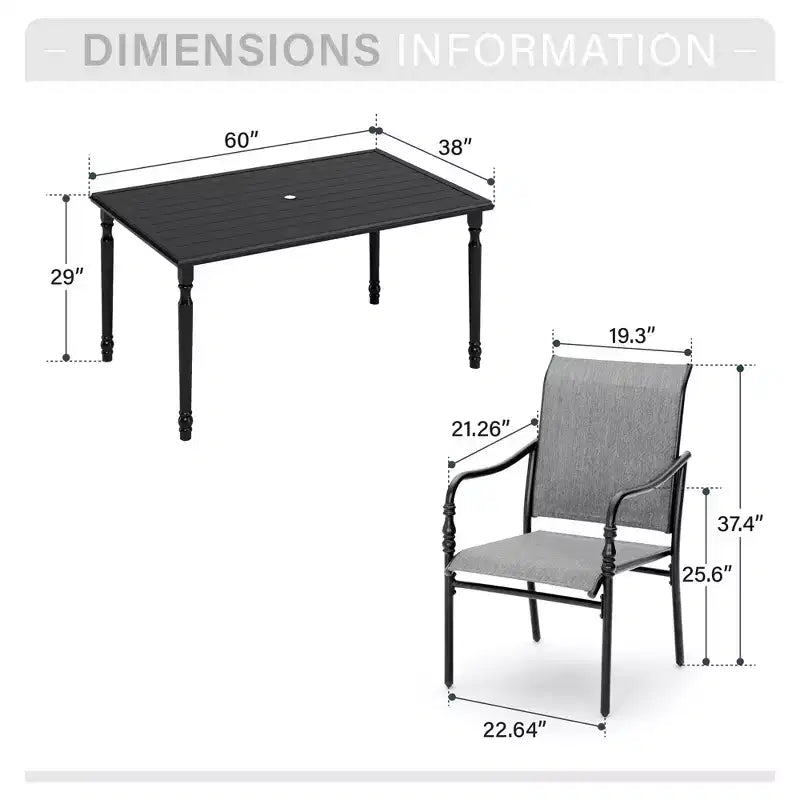 Captiva Designs Set da pranzo da esterno 7 pezzi con tavolo rettangolare con piano a doghe e sedie fisse in textilene grigio
