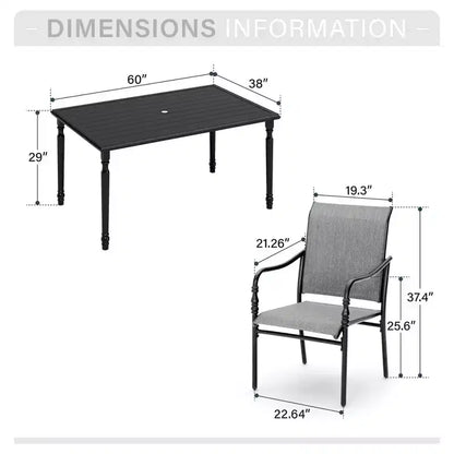 Captiva Designs Set da pranzo da esterno 7 pezzi con tavolo rettangolare con piano a doghe e sedie fisse in textilene grigio