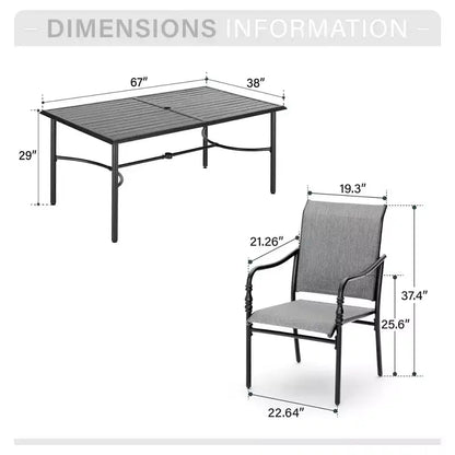 Captiva Designs Set da pranzo da esterno 7 pezzi con tavolo rettangolare con piano a doghe e sedie fisse in textilene grigio